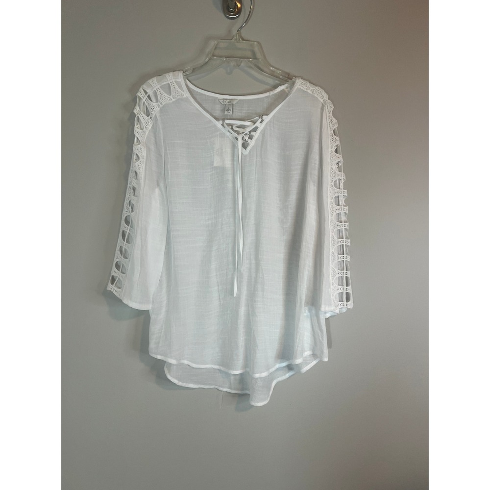 Est. 1946 Women White Crochet Lace Sleeve Blouse Lace Up V-Neck Top Large NWT